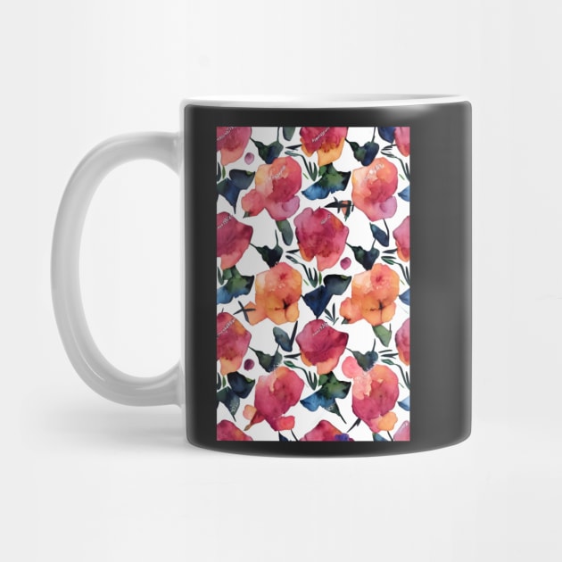 Watercolor Aesthetic Floral Pattern with Orange and Pink Blossoms by BubbleMench